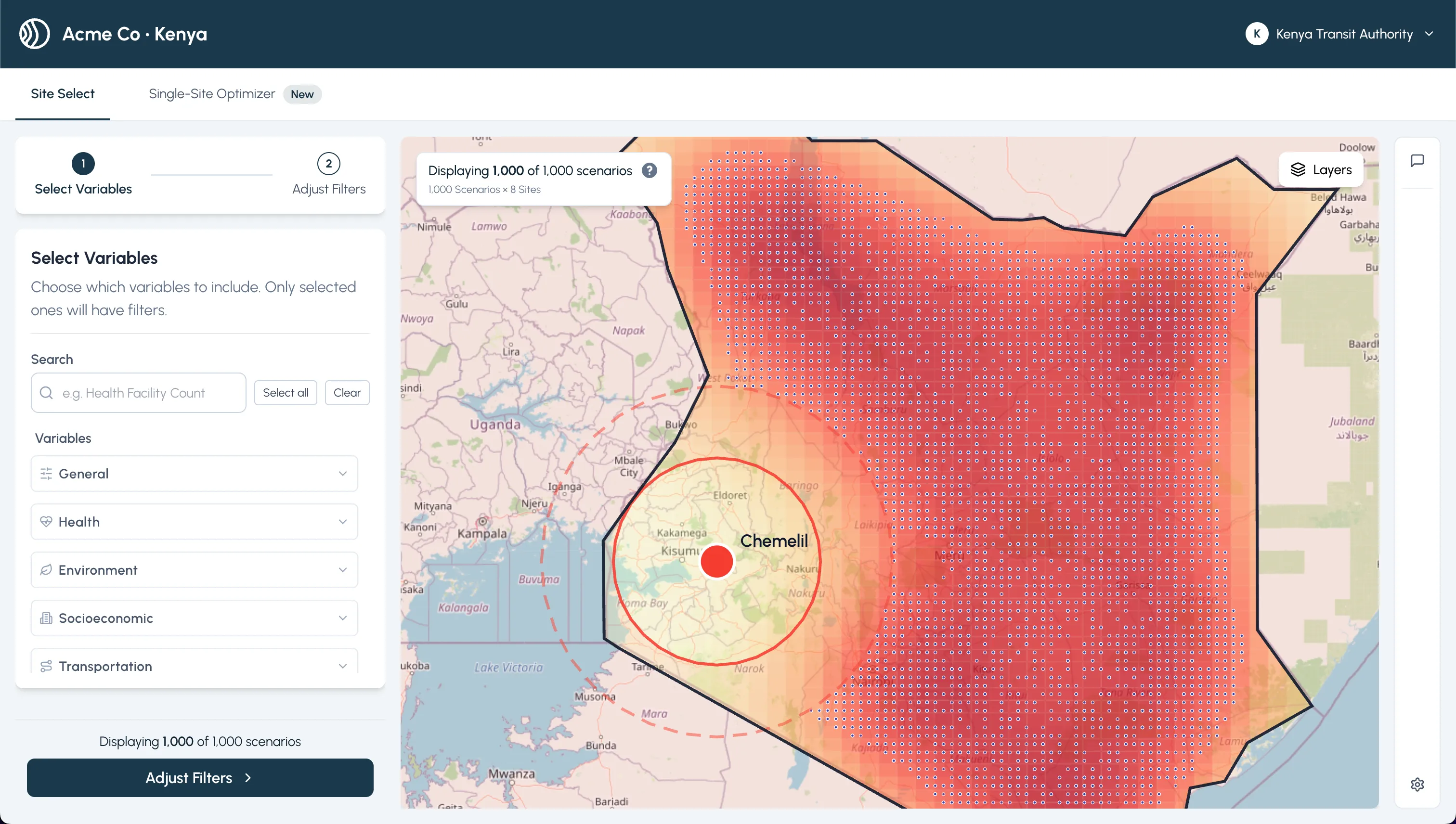 Site Selection landing screen