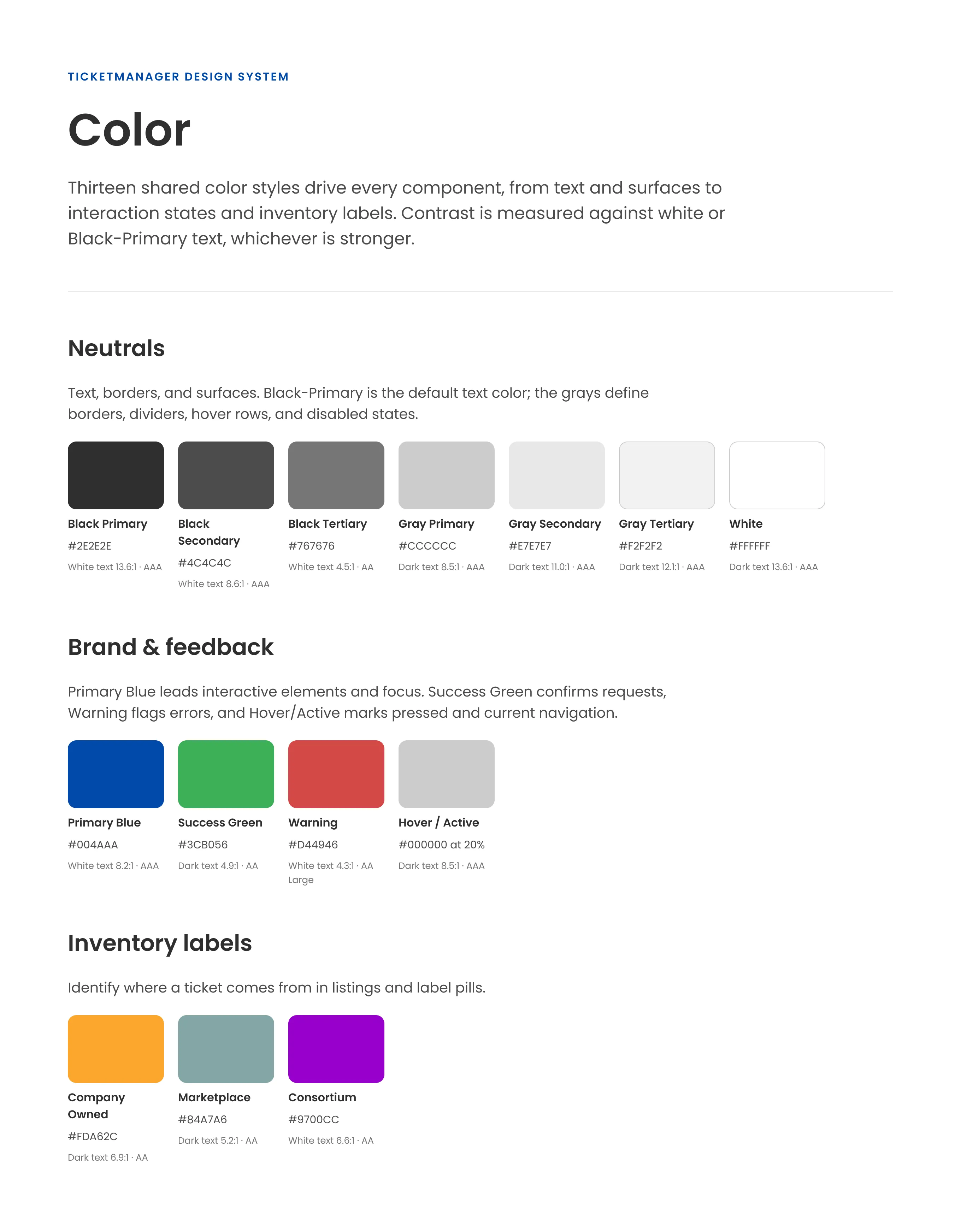 Color board showing neutral, brand and feedback, and inventory label swatches, each with its hex value and text contrast rating
