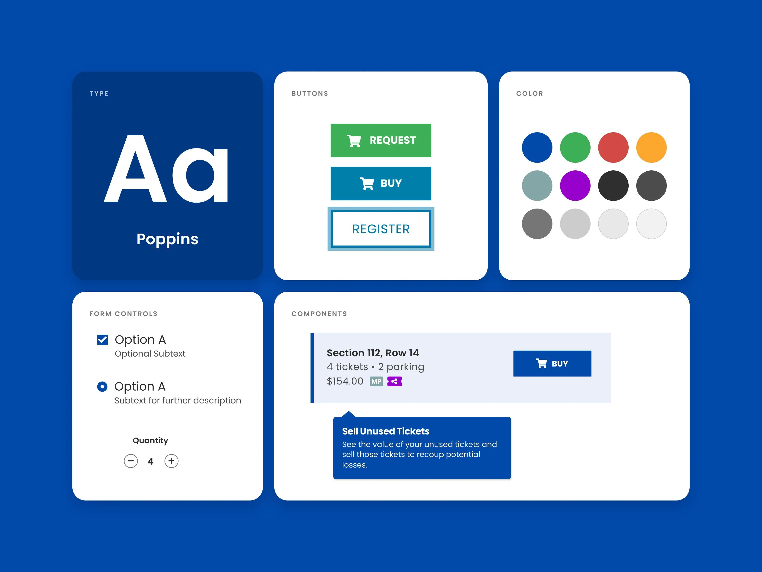 TicketManager design system overview on a blue background: a Poppins type specimen, button states, a color palette, form controls, and a selected ticket row with a tooltip