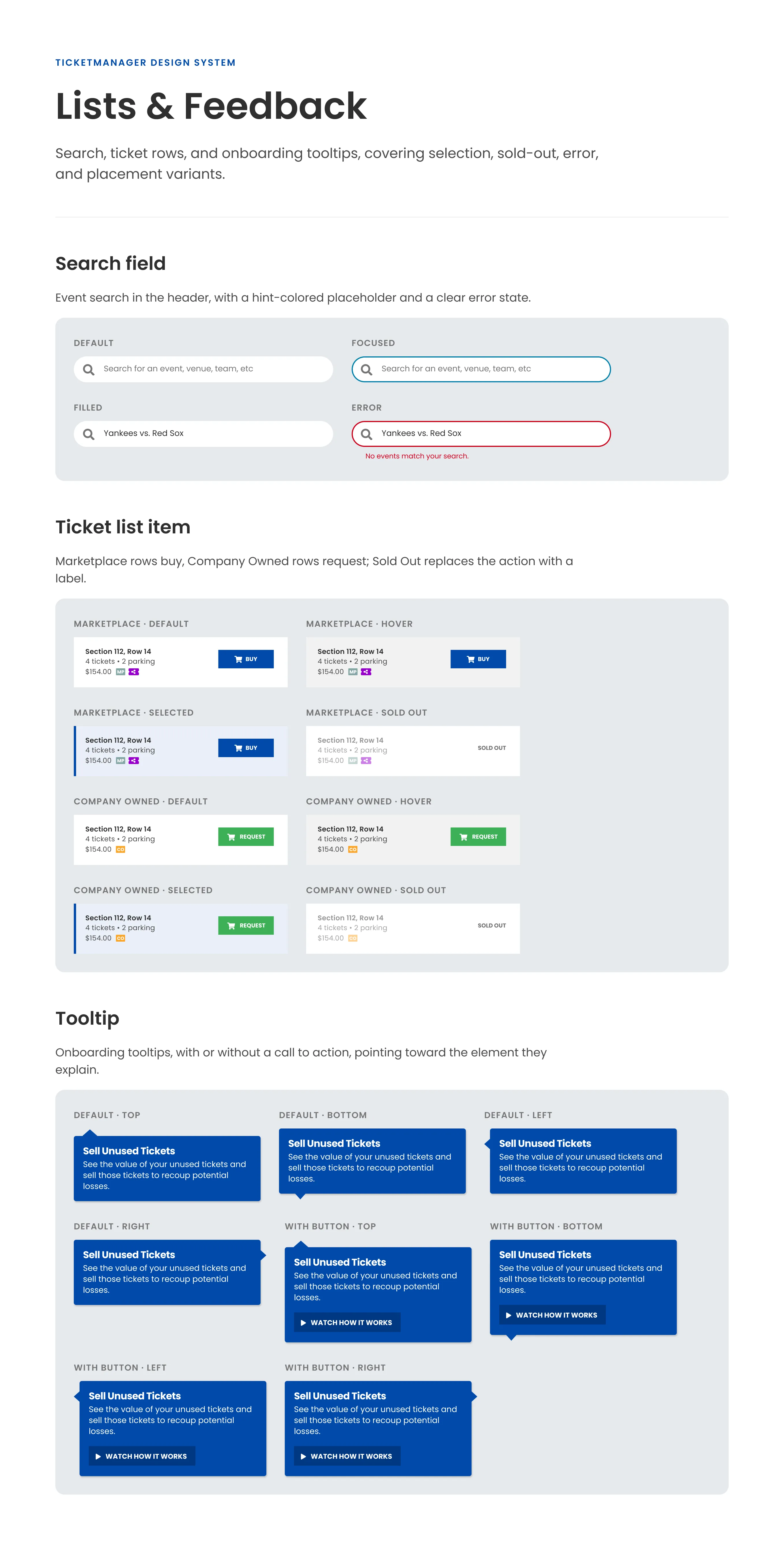 Lists and feedback board showing search field states, Marketplace and Company Owned ticket rows in default, hover, selected, and sold-out states, and tooltips with four arrow placements
