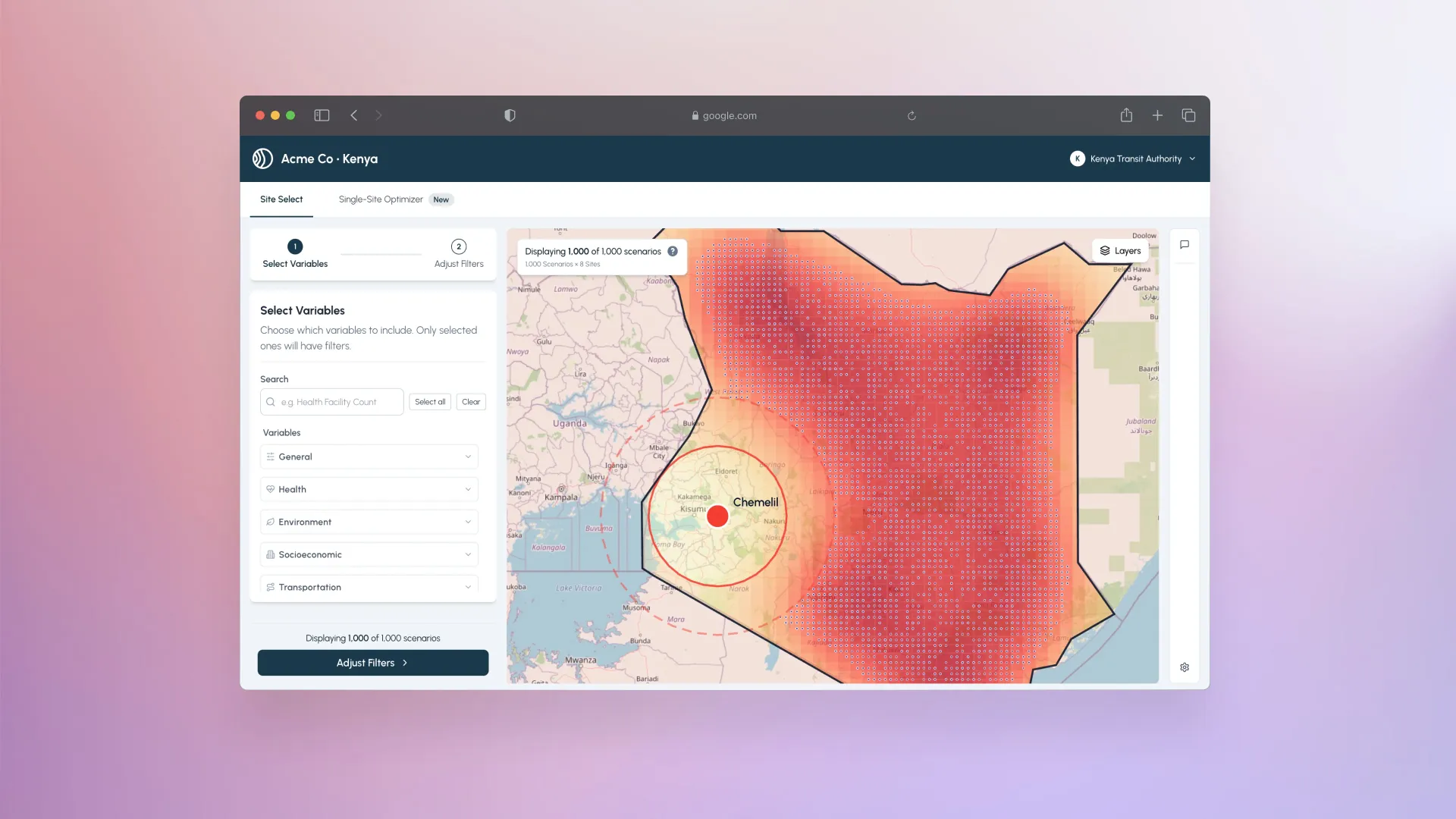 Site Selection landing screen