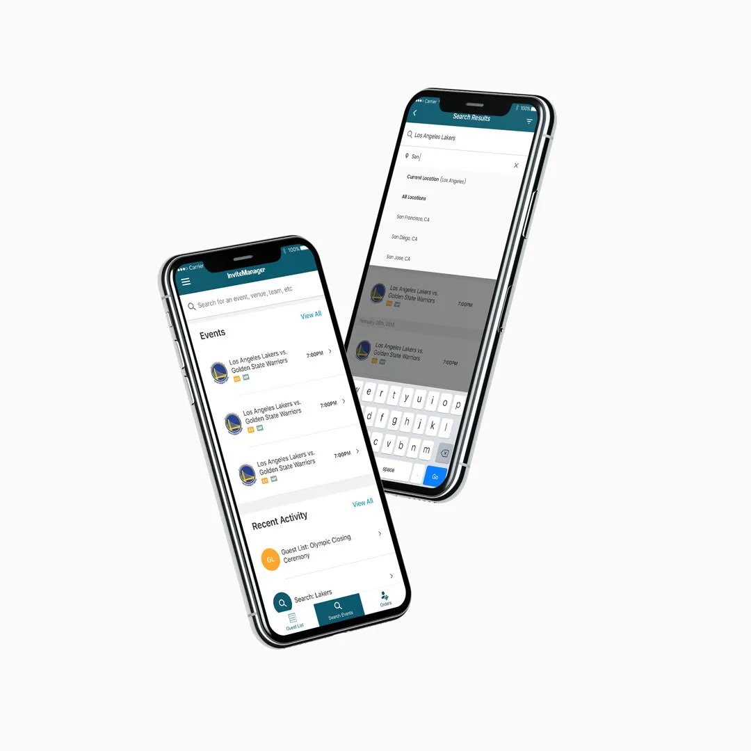 Two phones showing the TicketManager mobile app event list and search, built from design system components